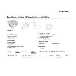 Geberit Renova Wand-WC Tiefspüler spülrandlos Komplett-Set inkl. WC-Sitz, weiß 500801001