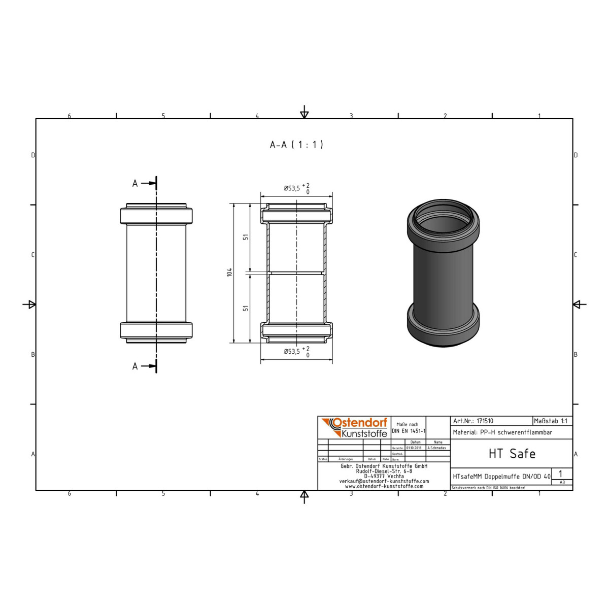 Ostendorf HTsafe Doppelmuffe DN 40 171510, 4,40
