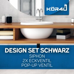 kör4u Design-Set schwarz matt - Siphon mit Pop-Up Ablaufventil und zwei Eckventilen